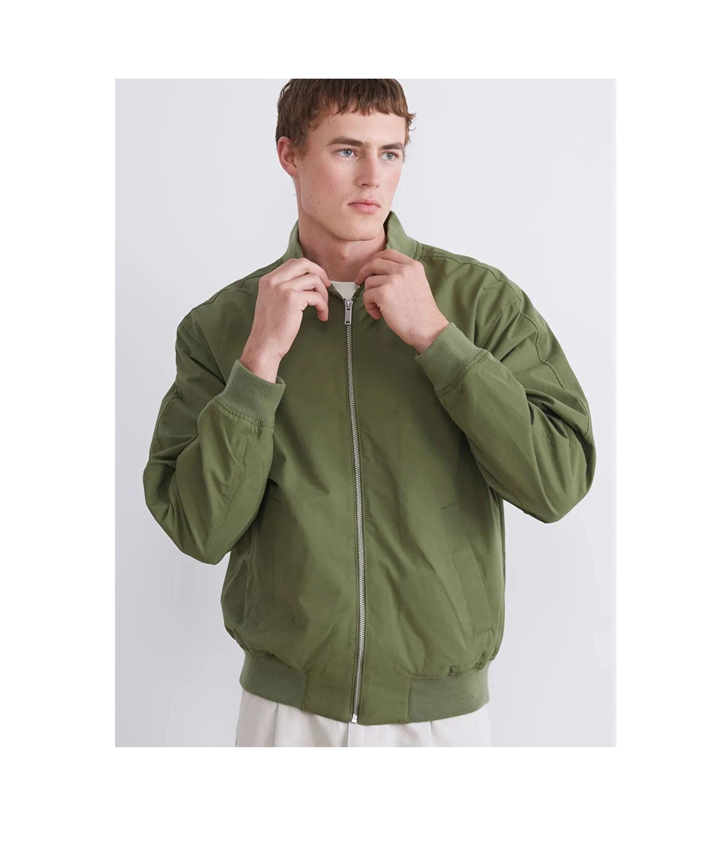 Men's Green Bomber Jacket Stand Collar Casual Zip