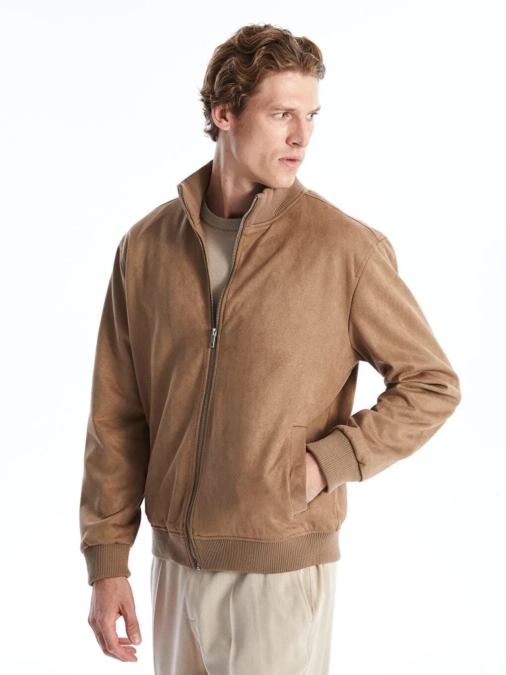 Men's Suede Bomber Jacket: Plush Lined Trucker Coat